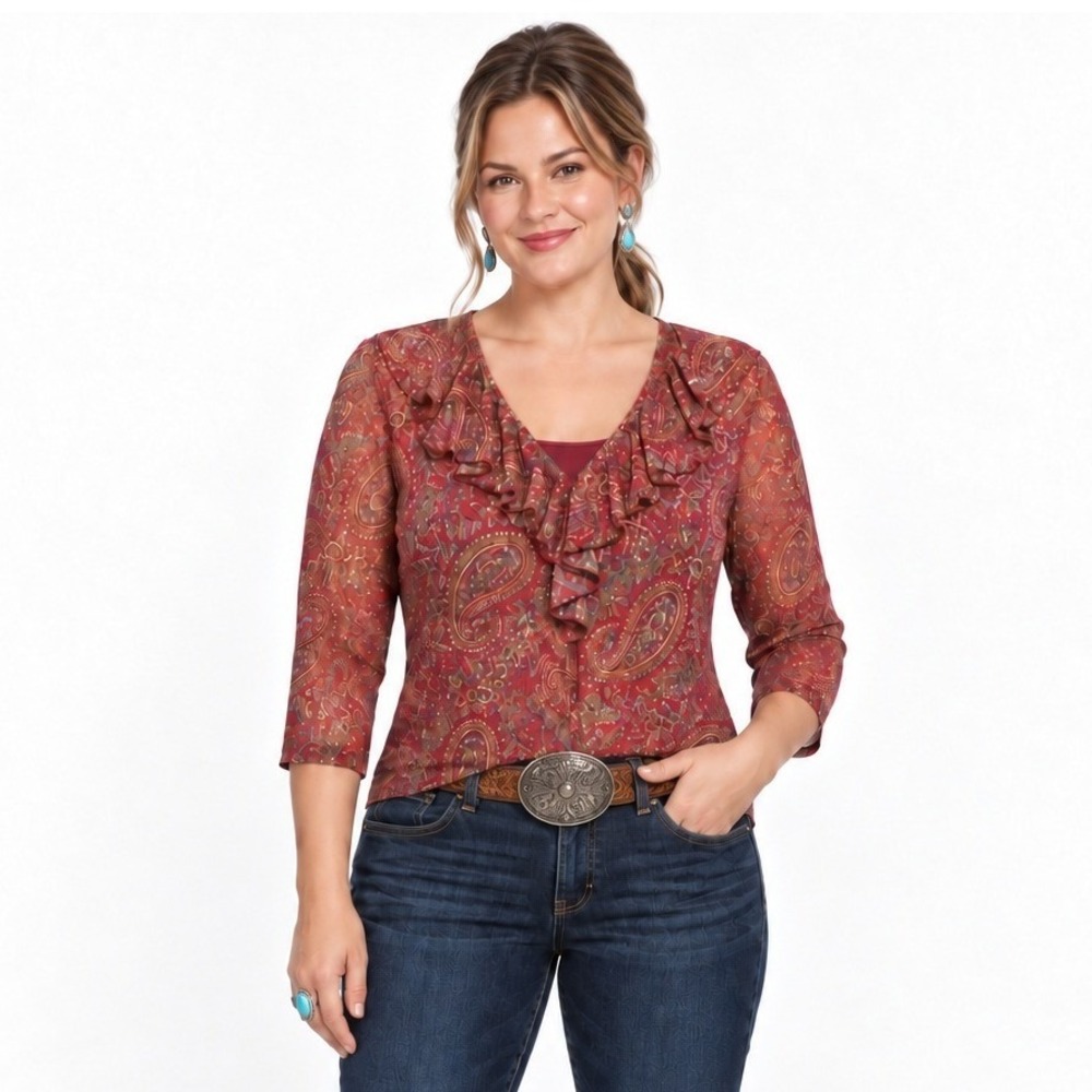 Western Boho Paisley Print Ruffle Mesh Top 1X Red Sheer 3/4 Sleeve Y2K Romantic